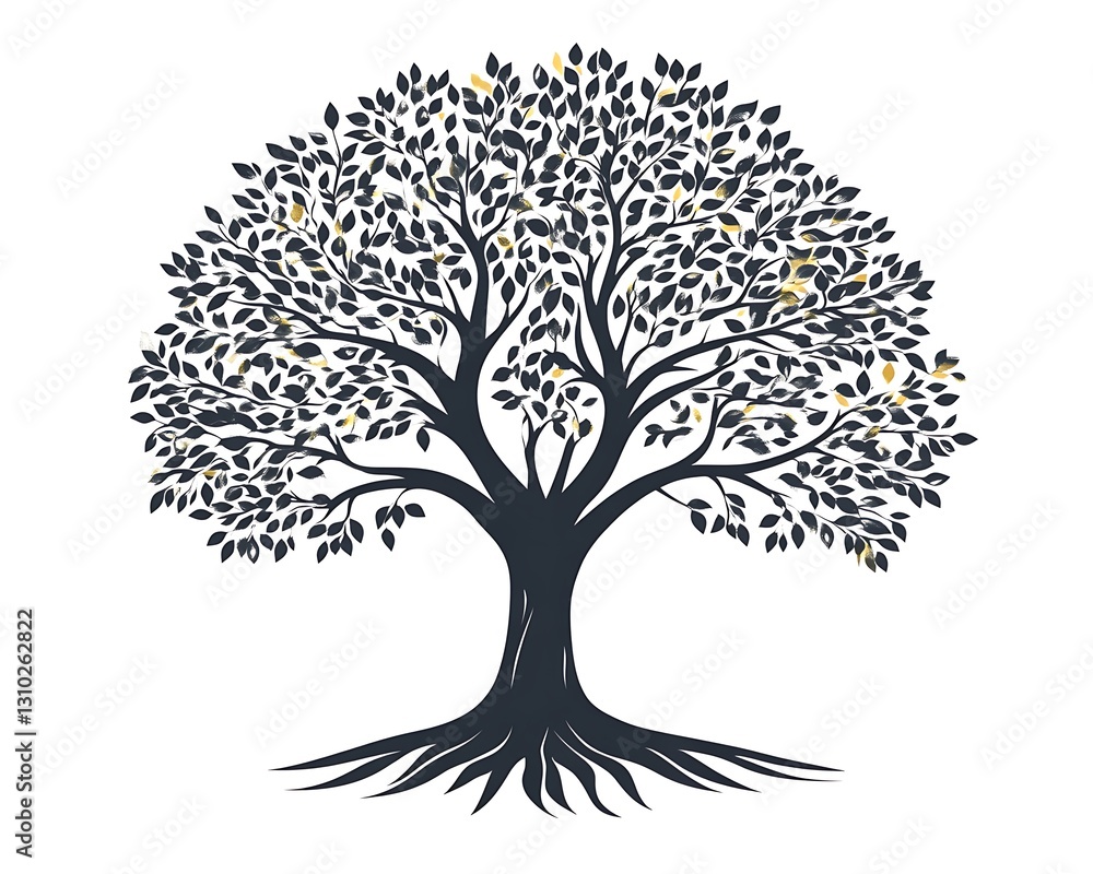 Fototapeta premium Tree silhouette leaves, roots, sky backdrop