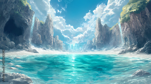 Resplendent crystal clear ocean water with white sandy beach. Resplendent - Palace. Illustration