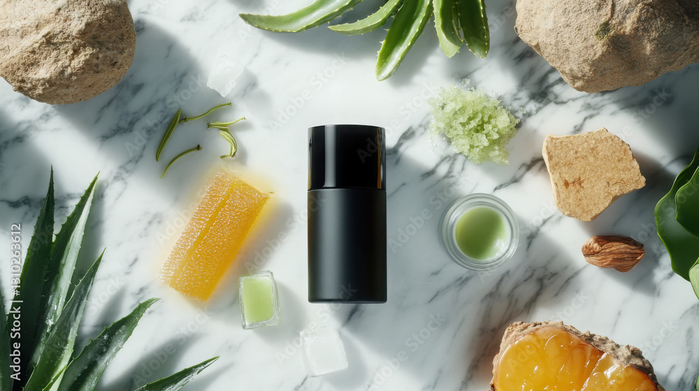 Natural skincare concept with triple action deodorant and aloe on marble background Natural skincare concept with triple action deodorant and aloe on marble background