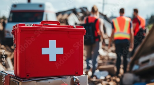 A red first aid kit with a white cross in focus, with rescue workers in the background.