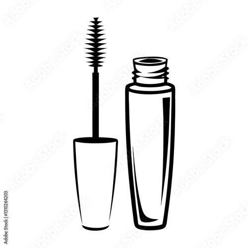 Monochrome mascara bottle with open brush icon