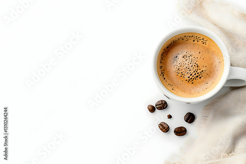 Coffee cup with beans and fabric on white table, top-down view, clean background