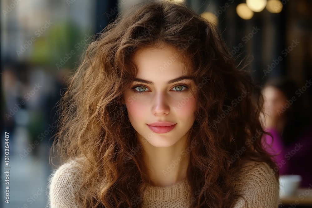 Fototapeta premium A young woman with curly hair and green eyes smiling softly in a cozy café setting.