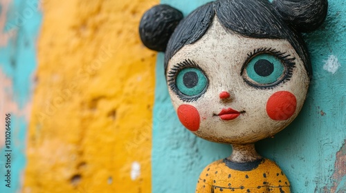 Painted doll, urban street art, close-up