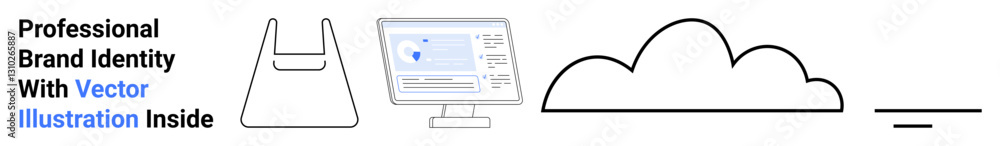 Shopping bag, computer with digital tools on screen, cloud, and horizontal lines. Ideal for e-commerce, cloud services, branding, marketing, online tools digital solutions flat landing page banner Shopping bag, computer with digital tools on screen, cloud, and horizontal lines. Ideal for e-commerce, cloud services, branding, marketing, online tools digital solutions flat landing page banner