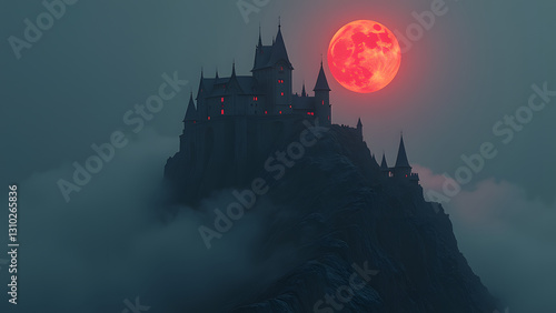 dark castle on mountain with glowing red moon in background