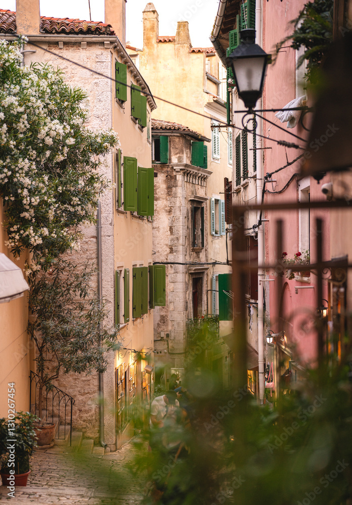 Narrow streets in the old town of Rovinj, Croatia