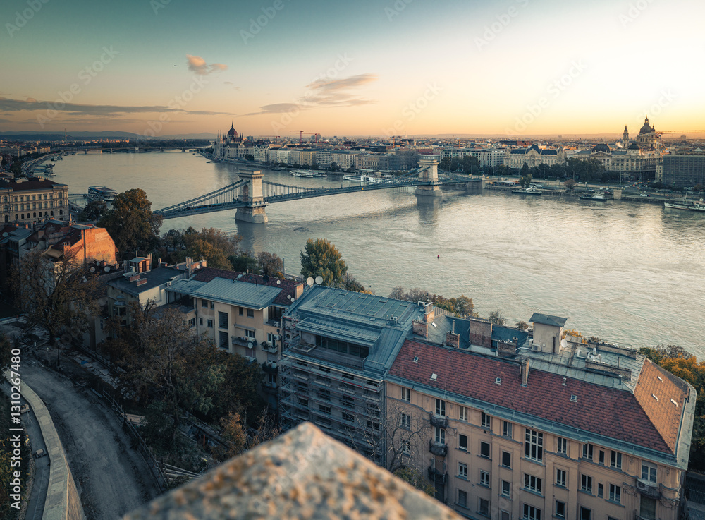 View on Budapest and the famous Chain Bridge in the morning
