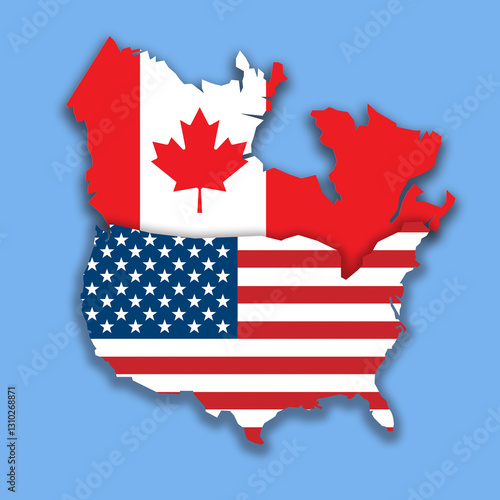 Canada and USA map made with flags cut out on blue background with drop shadow effect.