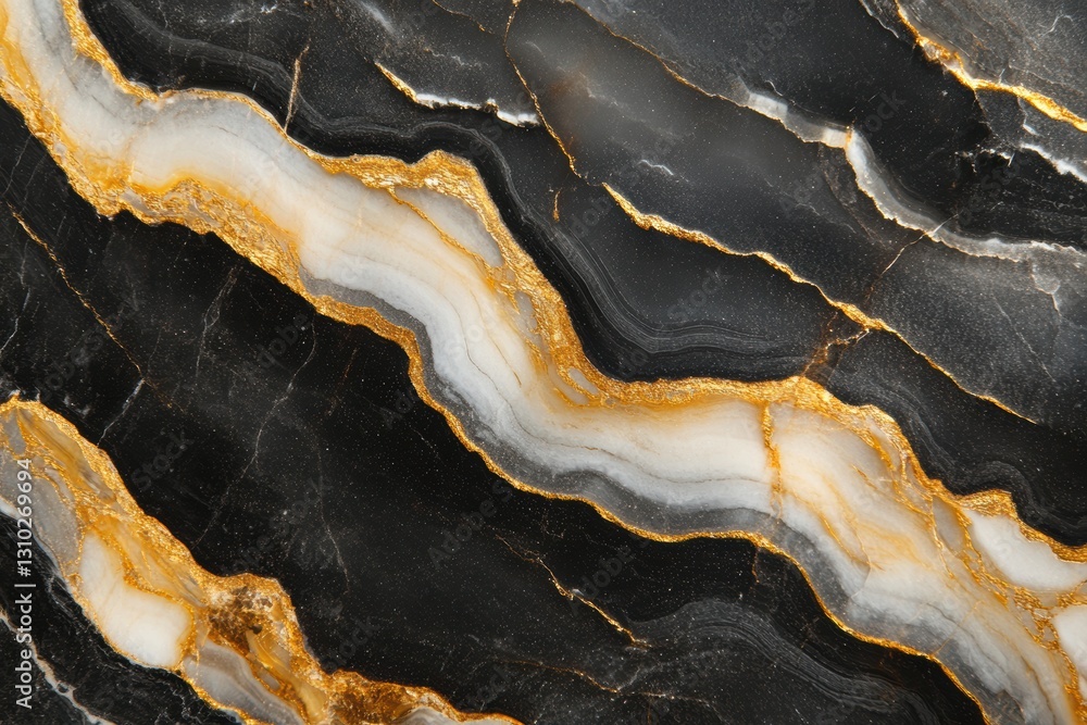 A detailed view of a black and gold marble featuring a striking white stripe. A detailed view of a black and gold marble featuring a striking white stripe.