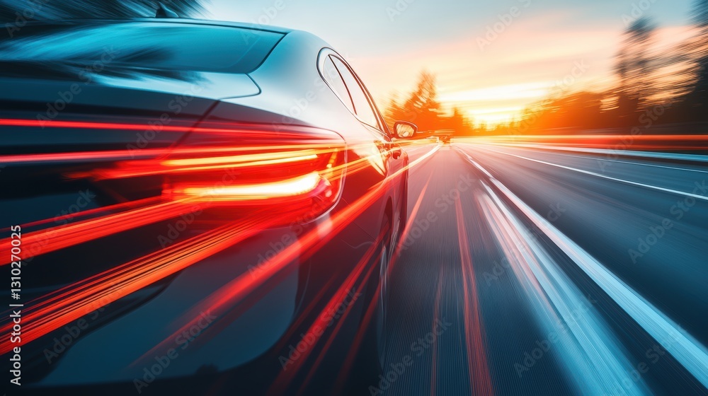 A car drives on a highway, captured from above with streaks of blurry lights in motion. A car drives on a highway, captured from above with streaks of blurry lights in motion.