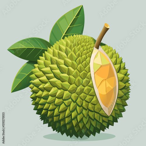 Vibrant illustration of a durian fruit surrounded by lush green leaves