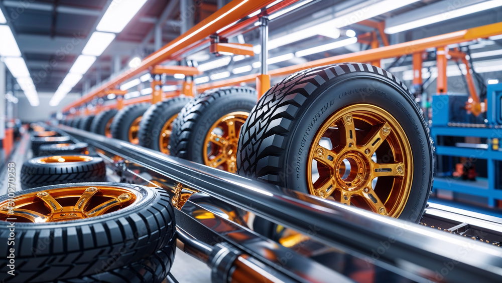 Tires with golden rims move along a conveyor belt in a factory, ready for vehicle production. Tires with golden rims move along a conveyor belt in a factory, ready for vehicle production.