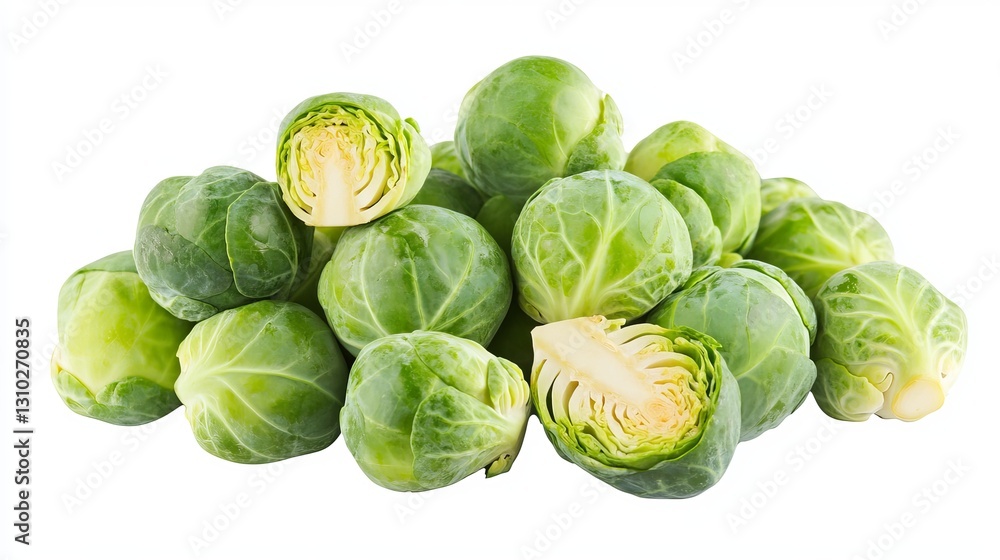 Fototapeta premium Fresh Green Brussels Sprouts Vegetable Pile Isolated Healthy Food Cooking Ingredient Dietary Fiber Vitamins Organic Nutrition Rich Delicious Tasty 
