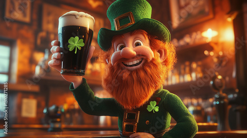 Cheerful Leprechaun Character Enjoying Stout Beer in Irish Pub