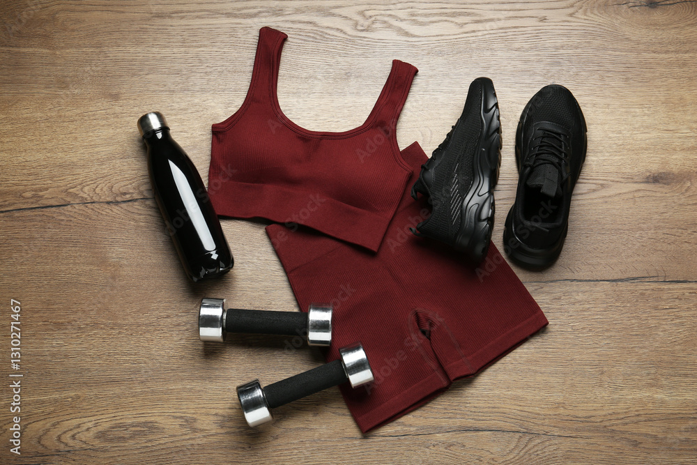 Flat lay composition with women's sportswear and sneakers on wooden background Flat lay composition with women's sportswear and sneakers on wooden background