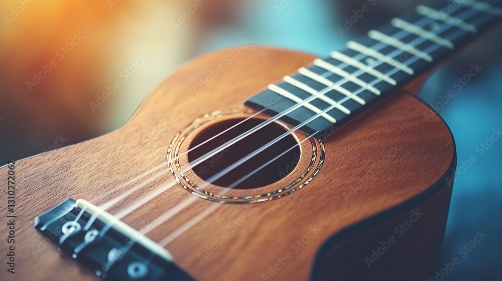 Obraz premium Ukulele close-up, indoors, sunlit background, music