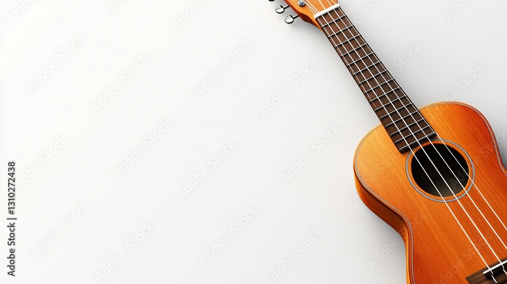 Obraz premium Ukulele rests on white background, copy space