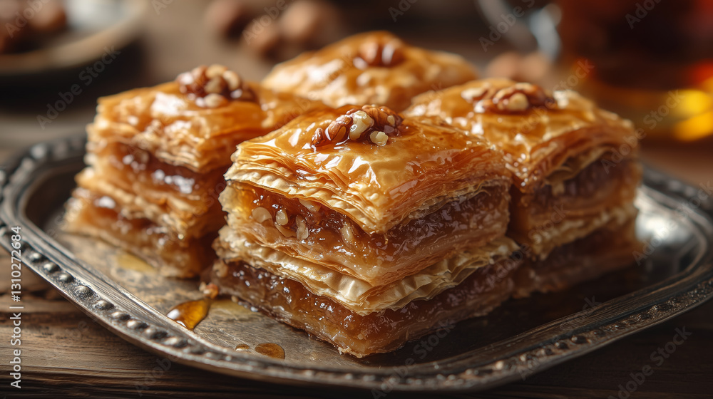 Delicious baklava served on a decorative plate with nuts and syrup, displayed in a warm, inviting setting for dessert lovers Delicious baklava served on a decorative plate with nuts and syrup, displayed in a warm, inviting setting for dessert lovers
