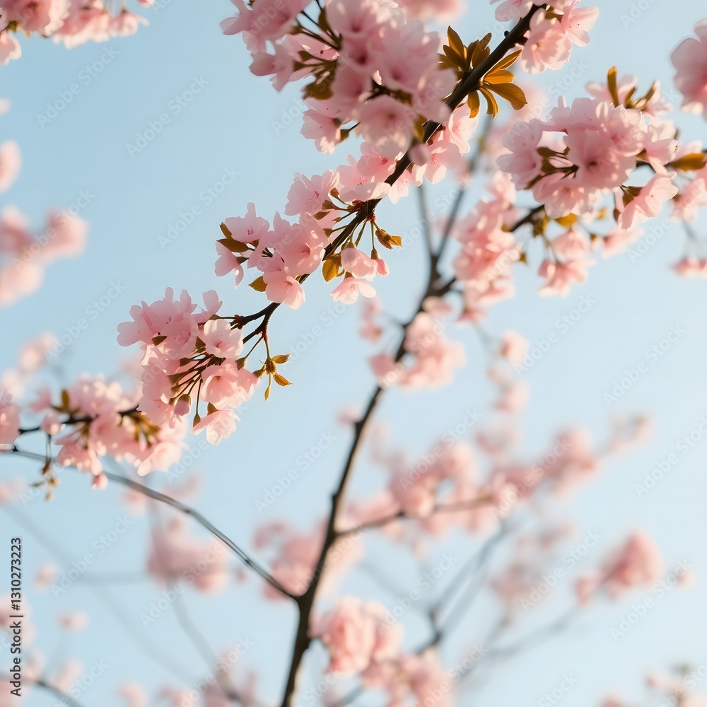 cherry blossom tree with pink flowers in full bloom, taken from a low angle looking up cherry blossom tree with pink flowers in full bloom, taken from a low angle looking up