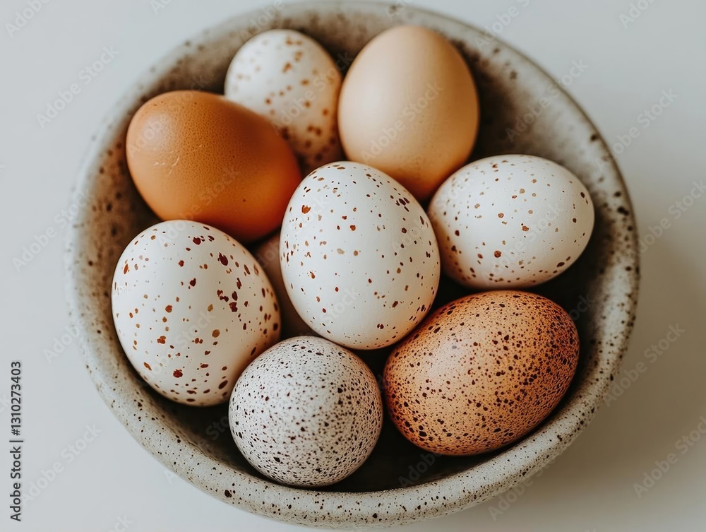 A rustic bowl filled with assorted speckled eggs, showcasing natural colors and textures A rustic bowl filled with assorted speckled eggs, showcasing natural colors and textures
