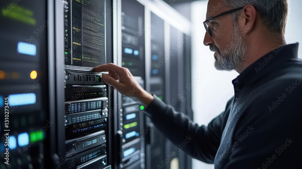 Fototapeta premium Digital consultant demonstrating advanced security solutions in a modern data center