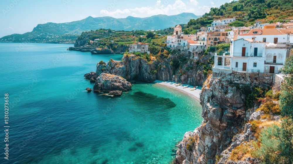 Naklejka premium Charming coastal vista turquoise waters and quaint village beauty