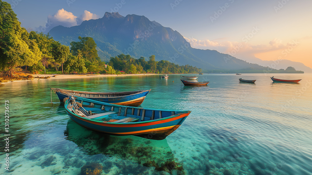 Boats anchored in calm waters with mountains in the background during sunset at a tranquil coastal location Boats anchored in calm waters with mountains in the background during sunset at a tranquil coastal location