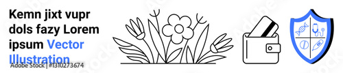Text block, floral element, wallet with cards, shield symbol with icons for finance and security. Ideal for financial services, online protection, data security, floral design, vector art branding