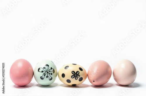 easter eggs on white, At the bottom of the image are five eggs with free space on top of image for text, creative flower black pattern on pastel colors eggs,  white background