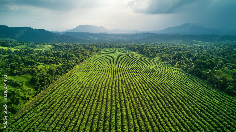 Fototapeta premium Lush green agricultural landscape featuring rows of crops with mountains in the background under a cloudy sky