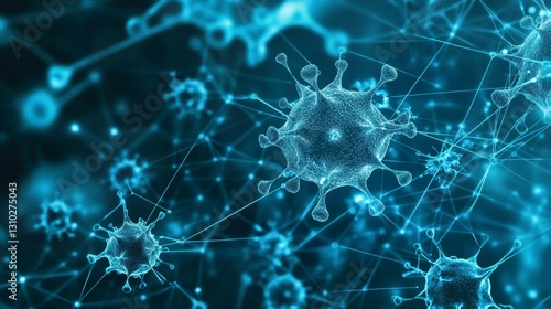 Microscopic view of blue virus particles with network connections.