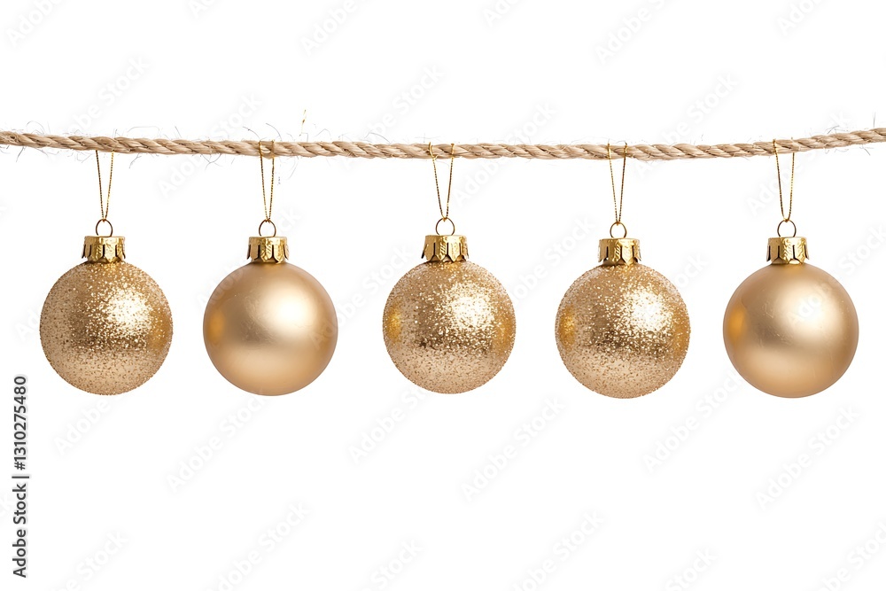 Festive golden New Year balls hanging on a rope, isolated on white background Festive golden New Year balls hanging on a rope, isolated on white background