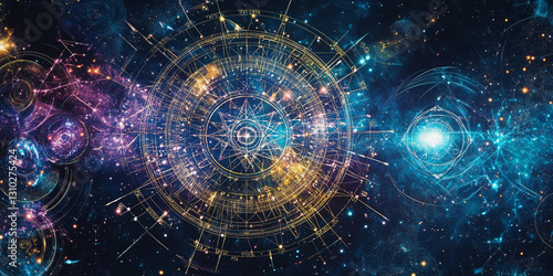 Sacred geometry, cosmic energy, and astrology symbols blend in a mystical universe. Celestial maps, star alignments, and divine patterns reveal the hidden secrets of the cosmos