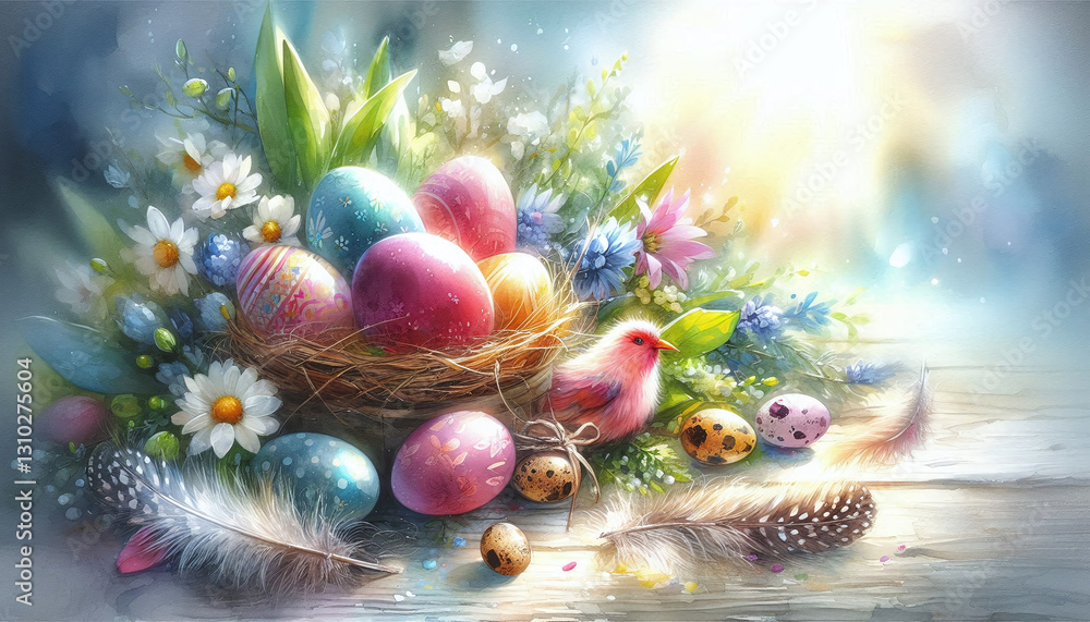 A watercolor Easter composition featuring a bird's nest filled with pastel eggs, surrounded by cherry blossoms and soft green leaves. The eggs are hand-painted with subtle gold flecks