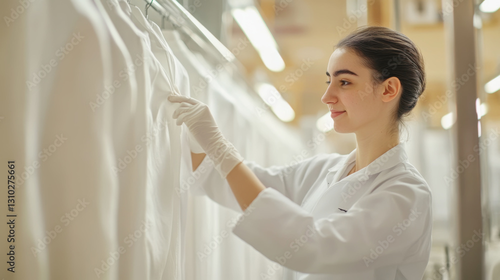 Employee inspecting quality of garments in fashion industry workplace