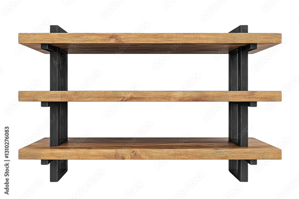 Fototapeta premium Stylish wooden shelf with metal frame designed for modern interiors, perfect for organizing or displaying items