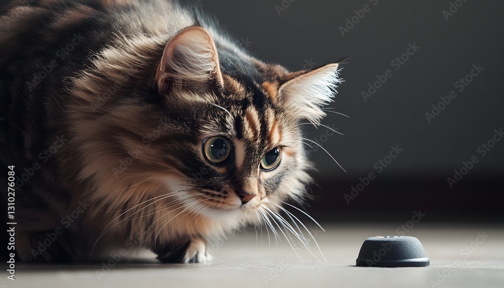 Fluffy Longhaired Cat Investigating Small Object Fluffy Longhaired Cat Investigating Small Object