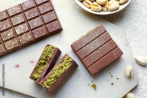Photography Delicious Dubai chocolate with pistachios and knafeh on light textured table, fl