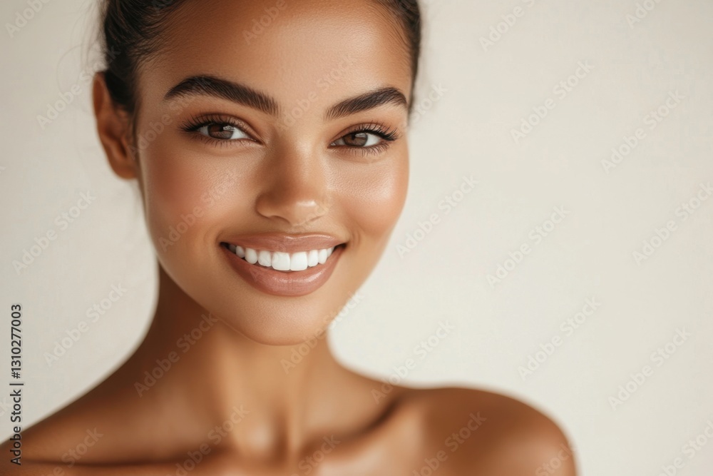 Close-up of a cheerful woman showcasing healthy and radiant skin. Generated AI Close-up of a cheerful woman showcasing healthy and radiant skin. Generated AI