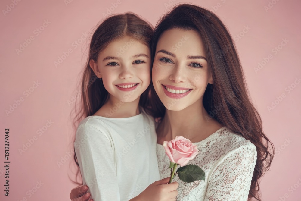 Portrait of a mother with her daughter posing cheerfully and holding a pink rose. Generated AI Portrait of a mother with her daughter posing cheerfully and holding a pink rose. Generated AI