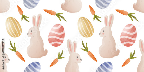 Watercolor seamless Easter pattern with cute bunnies, colorful eggs, and carrots in soft pastel shades. Ideal for fabric, wrapping paper, and holiday decor. Delicate hand-painted festive design.