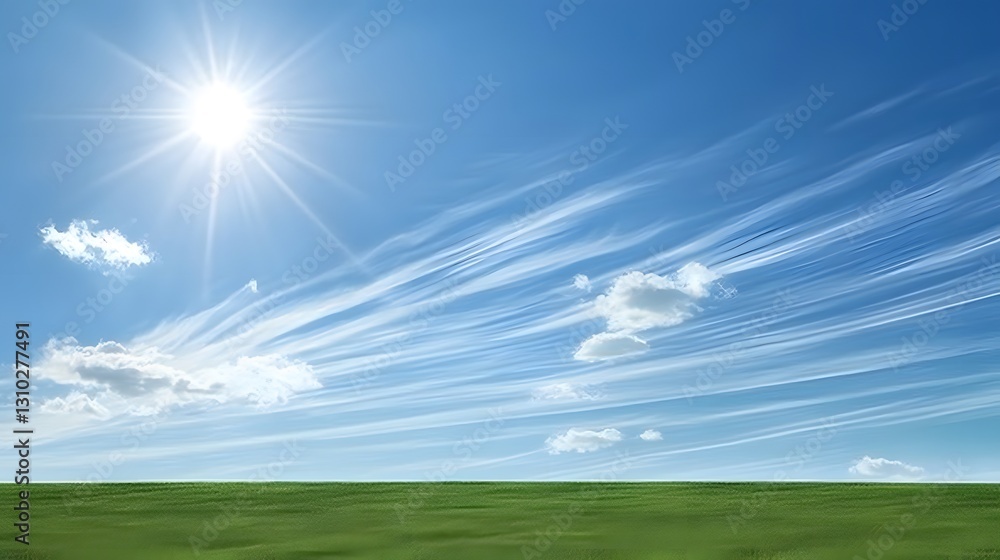 A sunny day with wispy clouds over a green grassy field A sunny day with wispy clouds over a green grassy field