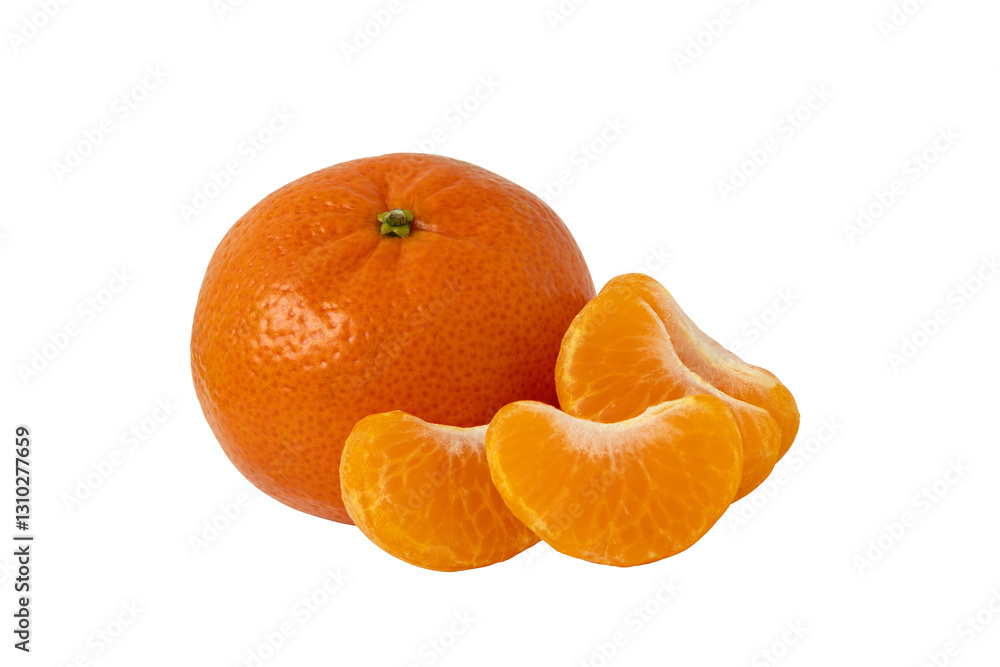 Tangerine citrus fruit with mandarin half and slices isolated without shadow Tangerine citrus fruit with mandarin half and slices isolated without shadow