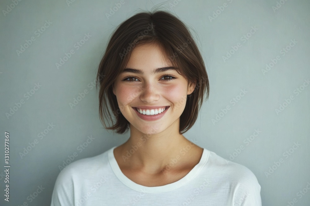 Natural portrait of a smiling young woman in a white shirt facing the camera directly, evoking feelings of friendliness, positivity, and confidence. Generated AI Natural portrait of a smiling young woman in a white shirt facing the camera directly, evoking feelings of friendliness, positivity, and confidence. Generated AI