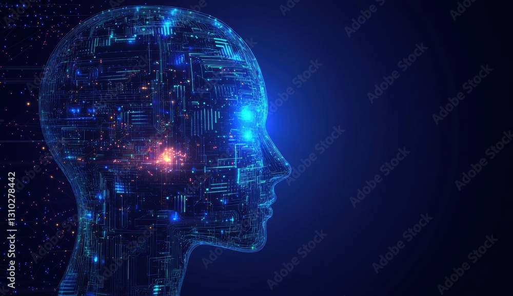 Abstract digital human head with circuit board and glowing light effects on a dark blue background represents the concept of artificial intelligence Generative AI Abstract digital human head with circuit board and glowing light effects on a dark blue background represents the concept of artificial intelligence Generative AI