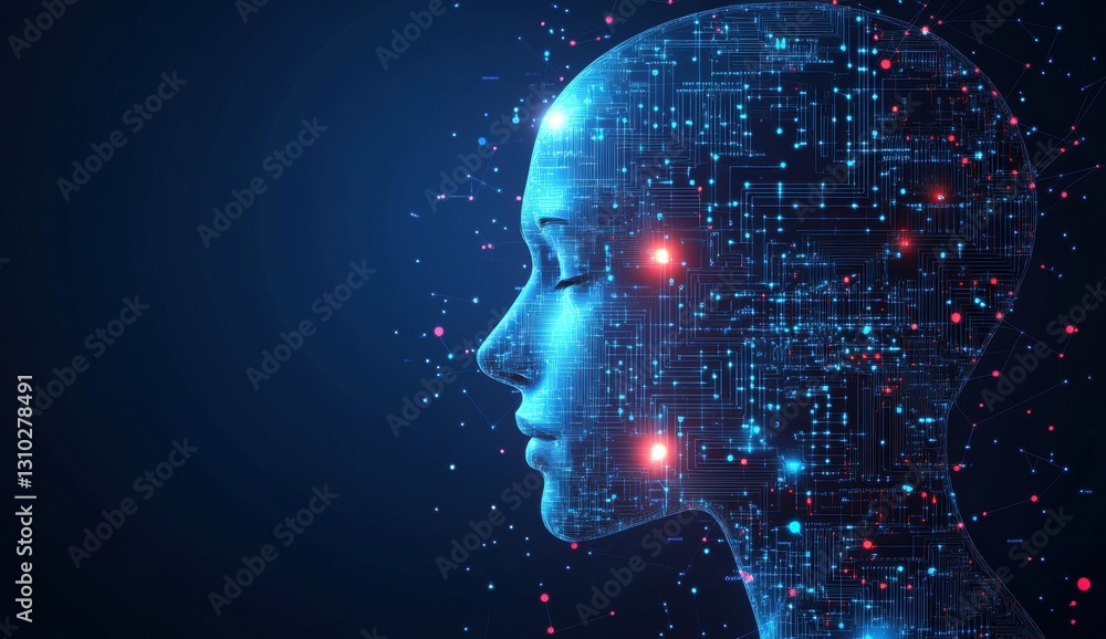 Abstract digital human head with circuit board and glowing light effects on a dark blue background, a illustration of an artificial intelligence concept Generative AI Abstract digital human head with circuit board and glowing light effects on a dark blue background, a illustration of an artificial intelligence concept Generative AI