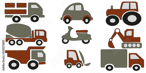 Transportation Icons Set Vector.  Set of Children's Toys, Transport, Playful Prints Vector