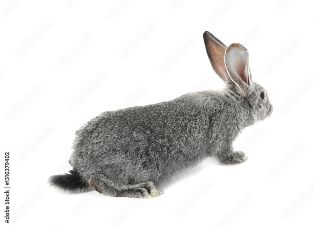 Obraz premium Fluffy grey rabbit on white background. Cute pet