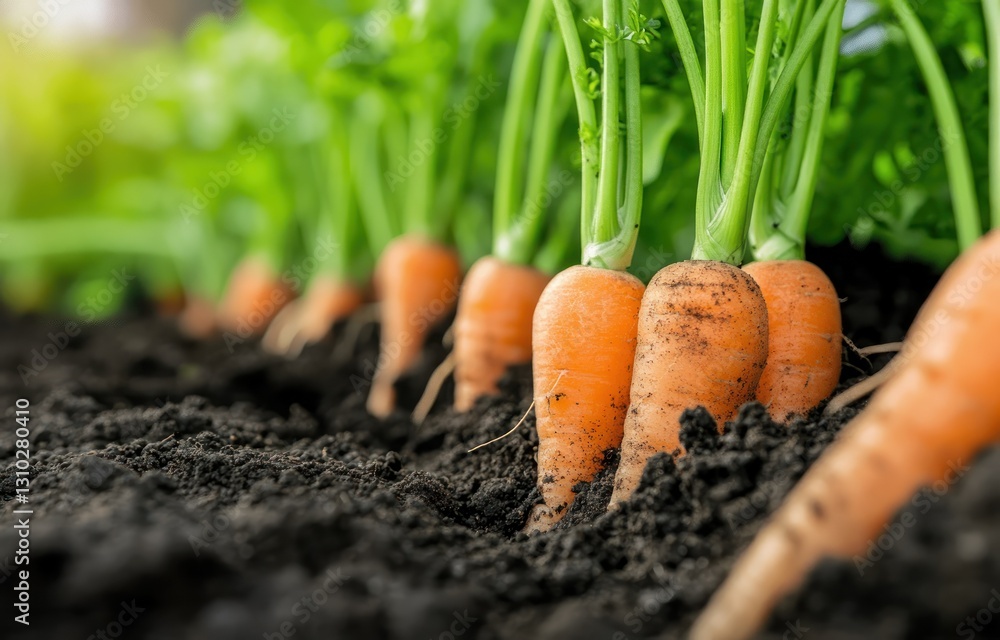 Fresh carrots growing in a garden row, closeup view of earthy soil and healthy plants Fresh carrots growing in a garden row, closeup view of earthy soil and healthy plants